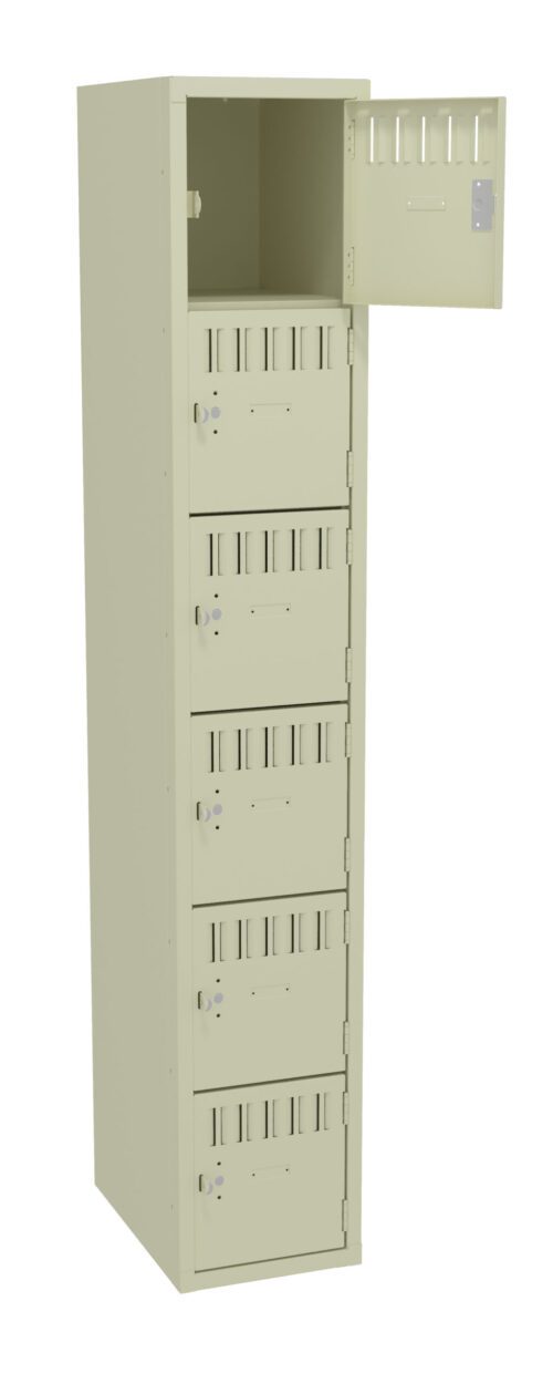 A tall beige locker with six compartments, each featuring a keyhole and ventilation slots. The top compartment door is slightly open, revealing an empty interior. The locker has a sleek, modern design.
