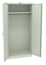 A tall, open, light gray metal storage cabinet with two doors ajar, revealing an empty interior. It includes an adjustable shelf and a single rod for hanging items.