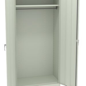 A tall, open, light gray metal storage cabinet with two doors ajar, revealing an empty interior. It includes an adjustable shelf and a single rod for hanging items.