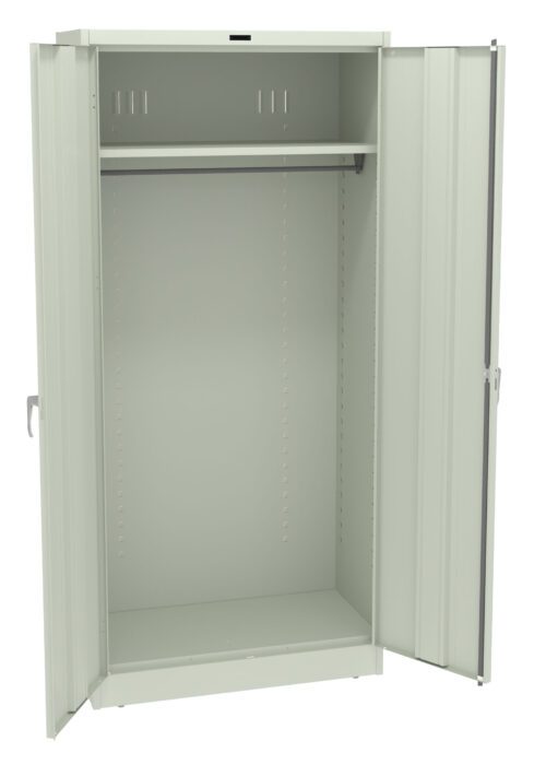 A tall, open, light gray metal storage cabinet with two doors ajar, revealing an empty interior. It includes an adjustable shelf and a single rod for hanging items.