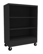A black, metal shelving unit on wheels with three shelves, designed for easy mobility. The unit has a simple and functional design, providing ample storage space for various items.