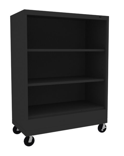 dsla7eyrsp7uw4w6bry4.jpg A black, metal shelving unit on wheels with three shelves, designed for easy mobility. The unit has a simple and functional design, providing ample storage space for various items.