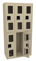 A beige multi-tier locker system with two columns and three rows. Each locker has a rectangular window and black handles. One locker door is open, revealing the empty compartment inside.