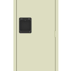 A single beige locker with a ventilation grill on top and bottom. It has a rectangular black handle in the center. The locker door is closed and features a simple, streamlined design.
