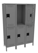 A gray metal locker with six compartments, two of which have open doors revealing empty storage space inside. Each compartment has a black handle and ventilation slits. The locker is freestanding.
