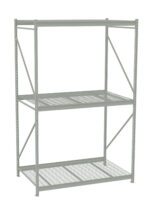 Gray industrial metal shelving unit with two shelves. The design includes perforated metal grating for ventilation and allows for storage efficiency. The unit is free-standing and sturdy, suitable for warehouses or garages.