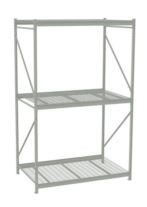 Gray industrial metal shelving unit with two shelves. The design includes perforated metal grating for ventilation and allows for storage efficiency. The unit is free-standing and sturdy, suitable for warehouses or garages.