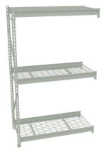 Metal shelving unit with three wire shelves, each supported by vertical metal brackets. The structure is open and sturdy, suitable for storage or organization purposes. The shelves are evenly spaced and the overall design is minimalist and functional.