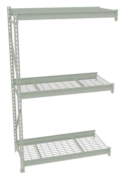 Metal shelving unit with three wire shelves, each supported by vertical metal brackets. The structure is open and sturdy, suitable for storage or organization purposes. The shelves are evenly spaced and the overall design is minimalist and functional.