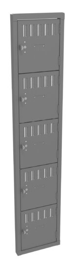 A tall, narrow metal locker unit with five compartments, each having a vented door, small circular handle, and a lock slot. The locker is painted in a matte gray color.