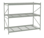 Three-tiered industrial metal shelving unit with wire mesh shelves. The structure is supported by vertical posts with diagonal bracing for stability. The design is simple and utilitarian, suitable for storage in warehouses or garages.