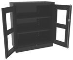 A black metal cabinet with two glass-paneled doors open, revealing three internal shelves. The cabinet is empty and has a lock on the right door.