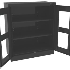 A black metal cabinet with two glass-paneled doors open, revealing three internal shelves. The cabinet is empty and has a lock on the right door.