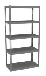 A gray, five-tier metal shelving unit stands against a white background. The shelves are evenly spaced and supported by vertical metal beams with holes for adjustable shelving heights.