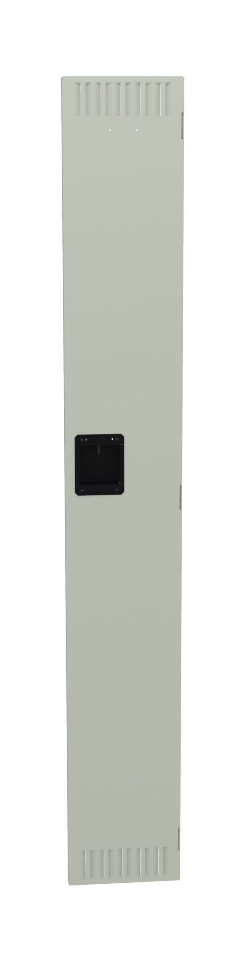A tall, narrow beige cabinet with ventilation slits at the top and bottom. It has a black rectangular handle and is set against a plain white background.