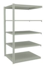 A gray, metal shelving unit with five adjustable shelves, standing against a white background.