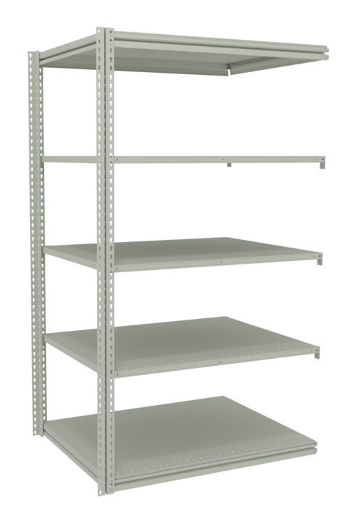 A gray, metal shelving unit with five adjustable shelves, standing against a white background.