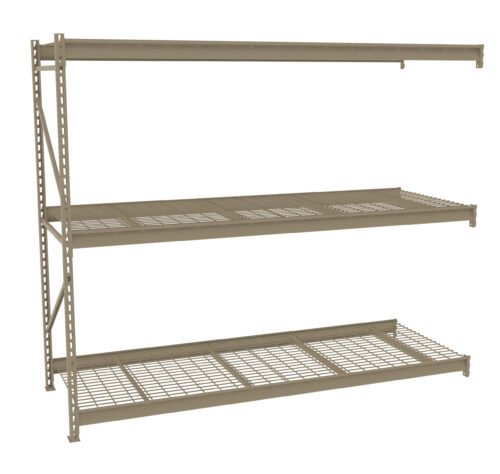 A beige metal shelving unit with three wire mesh shelves and a vertical support frame. The shelves are evenly spaced for organizing or storing items and are designed for utility and durability. The unit is positioned against a plain background.