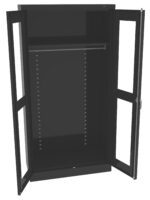 A black metal storage cabinet with two open doors. The interior is empty, featuring adjustable shelving slots and a horizontal metal bar near the top for hanging items.