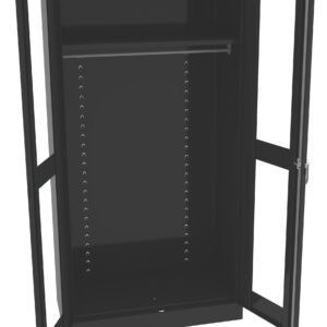 A black metal storage cabinet with two open doors. The interior is empty, featuring adjustable shelving slots and a horizontal metal bar near the top for hanging items.