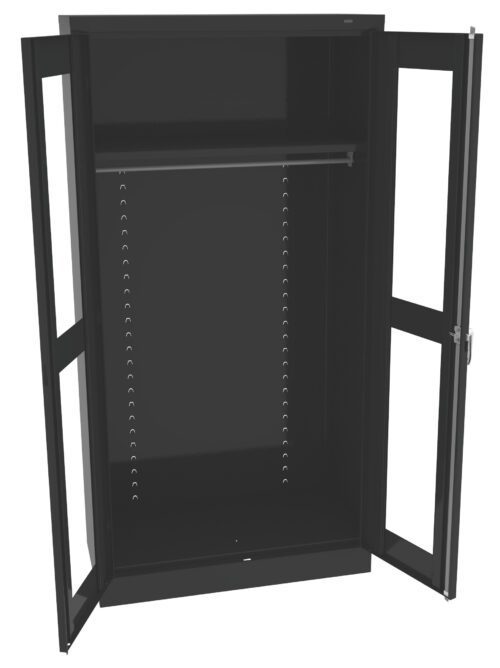 A black metal storage cabinet with two open doors. The interior is empty, featuring adjustable shelving slots and a horizontal metal bar near the top for hanging items.