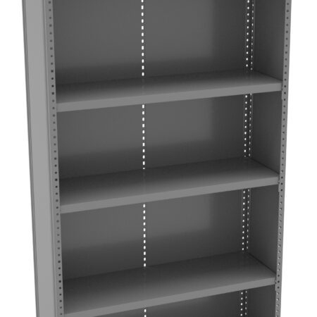 A tall gray metal shelving unit, known as Penco Clipper Shelving, features five adjustable shelves with holes for customization. Viewed from a slight angle, the empty shelves draw attention to its sturdy and industrial design.