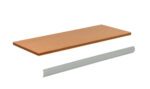 A rectangular wooden shelf and a long, white metal rail are shown against a plain white background. The shelf is positioned above the rail in the image.