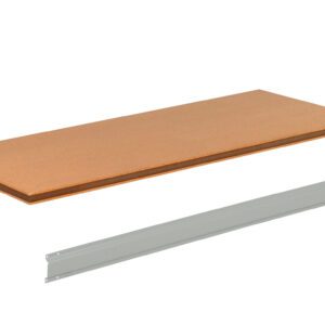 A rectangular wooden shelf and a long, white metal rail are shown against a plain white background. The shelf is positioned above the rail in the image.