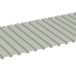 A gray, rectangular corrugated metal sheet with evenly spaced parallel ridges, viewed at an angle from above.