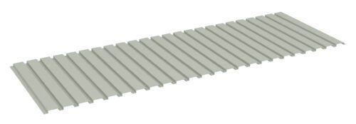 A gray, rectangular corrugated metal sheet with evenly spaced parallel ridges, viewed at an angle from above.