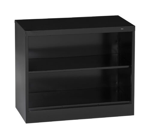 dvdwnymi04ubljmdiq6z.jpg A black, rectangular metal storage cabinet with two open shelves and a smooth, flat top. The cabinet has a glossy finish and its simple design makes it suitable for office or home storage needs.