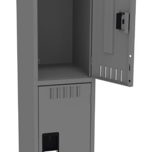 A tall gray metal locker with two compartments. The top compartment door is open, showing an empty space inside. The bottom compartment door is closed. Both doors have ventilation slits and handle locks.