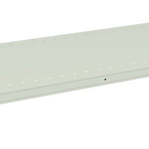 A light green, rectangular metal shelf with small holes along its edge, positioned horizontally. The shelf has brackets on each end for mounting.