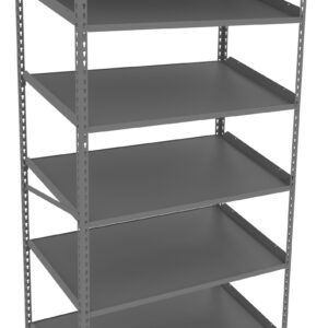 A five-tier gray metal shelf, standing upright. The shelves are evenly spaced and empty, with a minimalist industrial design. The shelving unit is viewed at a slight angle from the front-left side.