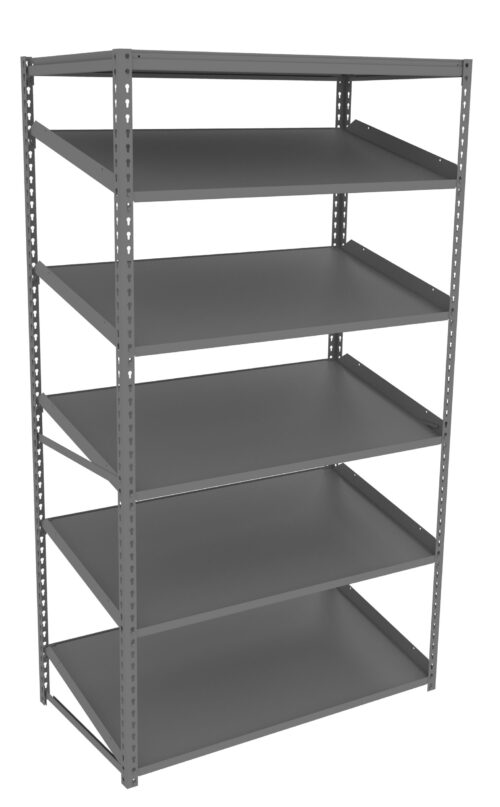 A five-tier gray metal shelf, standing upright. The shelves are evenly spaced and empty, with a minimalist industrial design. The shelving unit is viewed at a slight angle from the front-left side.