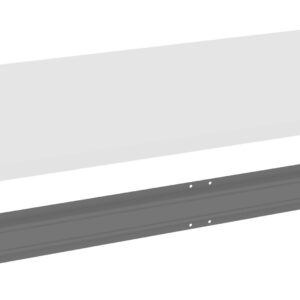 A white rectangular shelf panel is positioned above a gray metal mounting bracket. The bracket has holes for screws, indicating it is used to attach the shelf to a wall or surface.