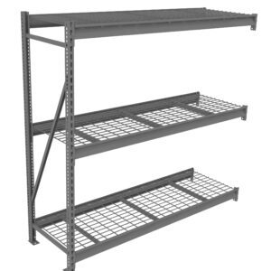 Metal storage rack with three wire mesh shelves, featuring a reinforced frame and open design. The rack is freestanding with a support brace on the side, suitable for industrial or warehouse use.