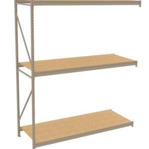 A metal shelving unit with three wooden shelves. The frame is a light gray color, and the shelves are positioned at varying heights. The unit is on a white background, showing its simplicity and open design.