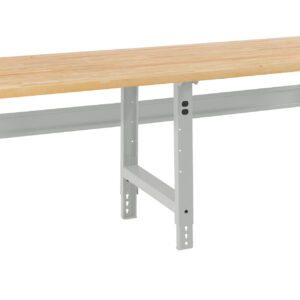 A sturdy, long workbench with a wooden top and a metal frame. The frame is painted gray and features adjustable legs for varying height options. The bench is designed for workshops or garages, providing ample workspace.