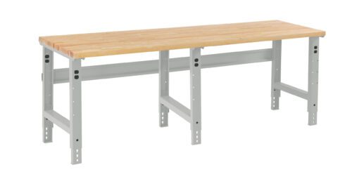 A sturdy, long workbench with a wooden top and a metal frame. The frame is painted gray and features adjustable legs for varying height options. The bench is designed for workshops or garages, providing ample workspace.
