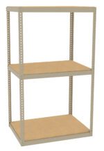A metal shelving unit with three tiers. The frame is made of beige metal, and the shelves have a wooden appearance. The design features adjustable support holes along the side beams, suitable for storage and organization.