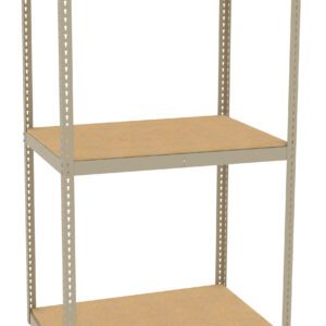 A metal shelving unit with three tiers. The frame is made of beige metal, and the shelves have a wooden appearance. The design features adjustable support holes along the side beams, suitable for storage and organization.