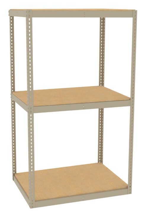 A metal shelving unit with three tiers. The frame is made of beige metal, and the shelves have a wooden appearance. The design features adjustable support holes along the side beams, suitable for storage and organization.