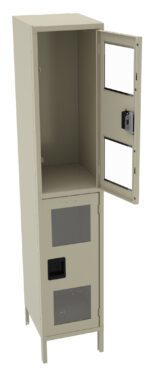 A tall, open beige metal locker with two compartments. The upper and lower doors have rectangular clear panels. The locker is standing on four legs, and the top compartment door is ajar.