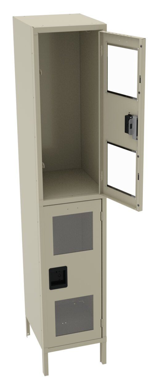A tall, open beige metal locker with two compartments. The upper and lower doors have rectangular clear panels. The locker is standing on four legs, and the top compartment door is ajar.