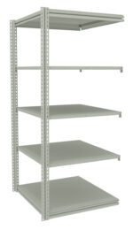 Metal shelving unit with five adjustable shelves. The structure is simple, with holes on the side beams for shelf height adjustments, and has a light gray finish. The design is open, industrial, and suitable for storage or organization.