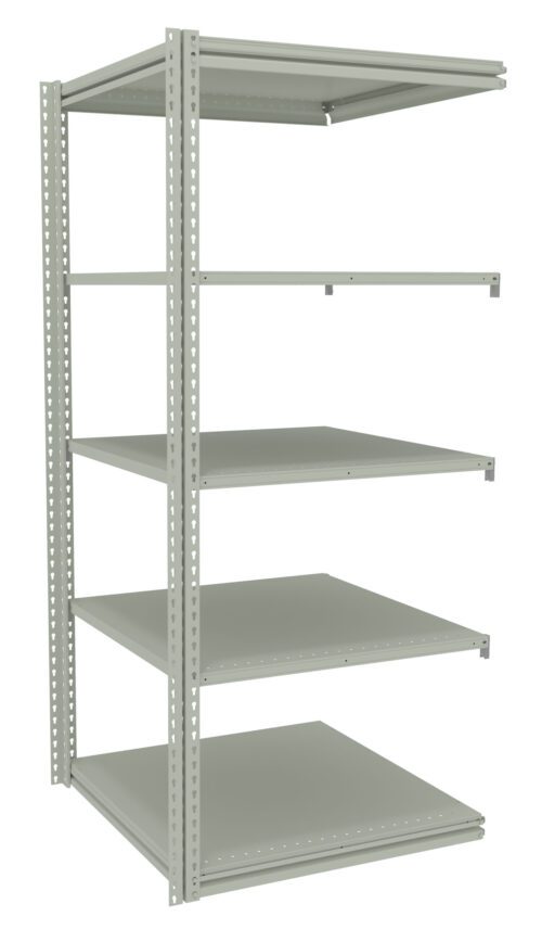 Metal shelving unit with five adjustable shelves. The structure is simple, with holes on the side beams for shelf height adjustments, and has a light gray finish. The design is open, industrial, and suitable for storage or organization.
