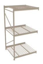A beige metal shelving unit with three wire grid shelves, including the top one. The structure is supported by vertical beams with evenly spaced holes for adjustable shelving. The shelves are open with no back or sides.