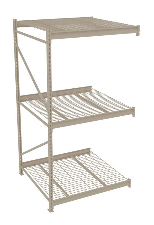A beige metal shelving unit with three wire grid shelves, including the top one. The structure is supported by vertical beams with evenly spaced holes for adjustable shelving. The shelves are open with no back or sides.