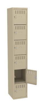 A beige metal locker with six compartments. The lockers have vents and individual locks. The fifth locker door is open, revealing an empty interior. The locker is upright and isolated against a white background.